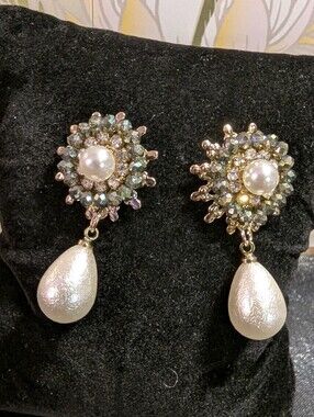 Faux Pearl & Crystal Drop Earrings – Gold Tone Statement Earrings